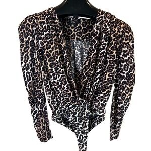 AFRM Leopard Print Long Sleeve Surplice V-Neck Bodysuit AER002550 Small